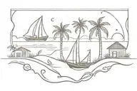 beach tattoo design combining elements like boat, coconut trees, shacks, waves, sunrise, turtle, shell,wine glass,fish tattoo design idea