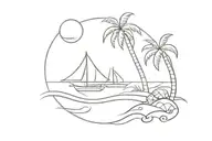 beach tattoo design combining elements like boat, coconut trees, shacks, waves, sun, turtle, shell,wine glass  tattoo design idea
