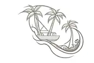 beach tattoo design combining elements like boat, coconut trees, shacks, waves, sun, turtle, shell,wine glass  tattoo design idea