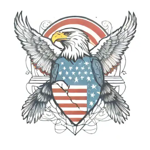 An abstract representation of the human heart intertwined with an Bald Eagle clutching the American flag, tattoo design idea