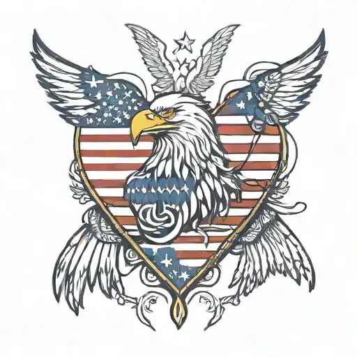 An abstract representation of the human heart intertwined with an Bald Eagle clutching the American flag, tattoo design idea