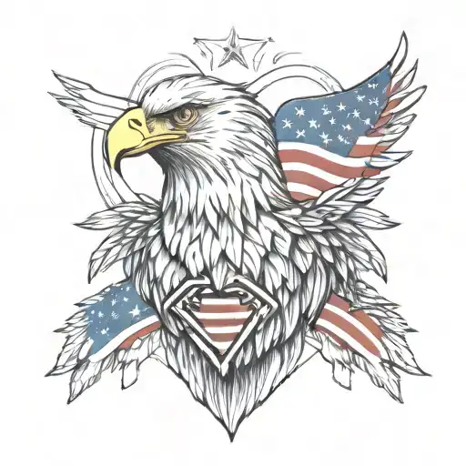 An abstract representation of the human heart intertwined with an Bald Eagle clutching the American flag, baseball tattoo design idea