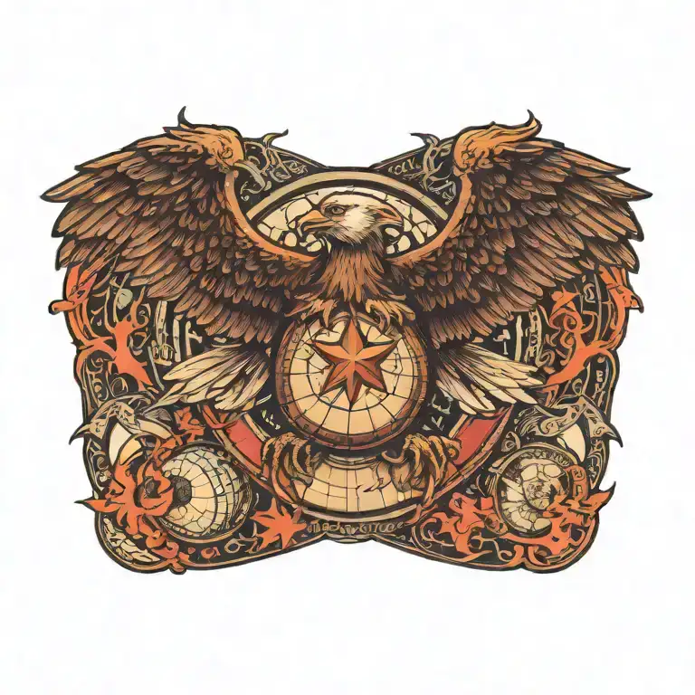 an eagle flying over a globe like baseball , the star of life symbol faded into the background  tattoo design idea