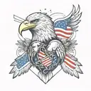 An abstract representation of the human heart intertwined with an Bald Eagle clutching the American flag, baseball tattoo design idea