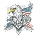 An abstract representation of the human heart intertwined with an Bald Eagle clutching the American flag, baseball tattoo design idea