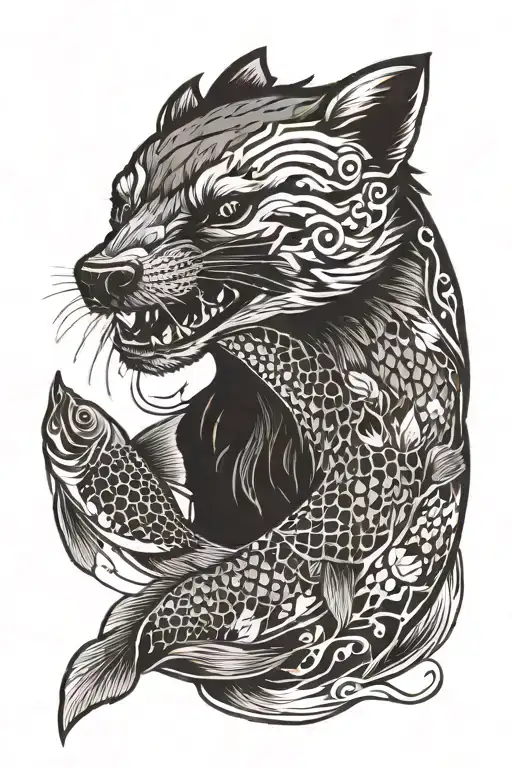 sleeve. Marten (animal) having carp (fish) in its mouth which is has a fishhook stuck in carps mouth. smoke&fire around tattoo design idea