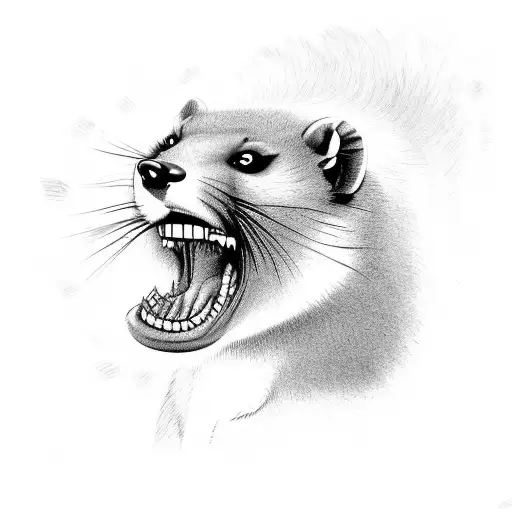 A angry marten (animal) head with a big fish bitten with teeth in mouth. the marten is surrounded by smoke tattoo design idea