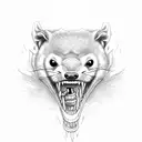 A angry marten (animal) head with a big fish bitten with teeth in mouth. the marten is surrounded by smoke tattoo design idea