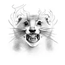 A angry marten (animal) head with a big fish bitten with teeth in mouth. the marten is surrounded by smoke tattoo design idea