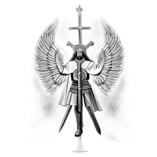 orthodox archangel michael in battle holding a sword up high tattoo design idea