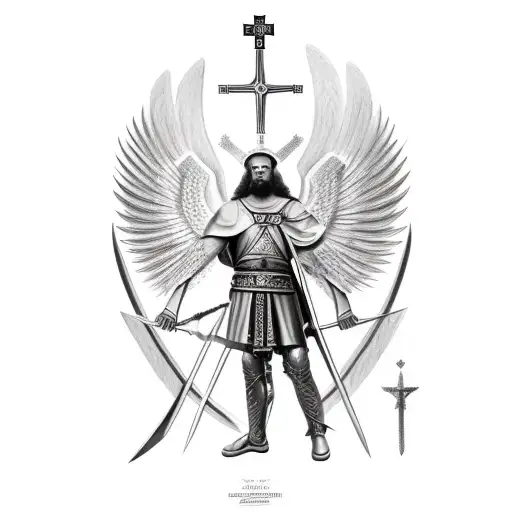 orthodox archangel michael in battle holding a sword up high tattoo design idea