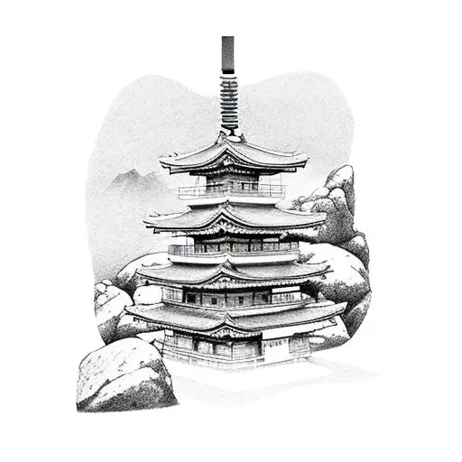 A serene Japanese garden with a hidden katana among the rocks tattoo design idea