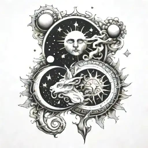 sun and moon, aries constellation tattoo design idea