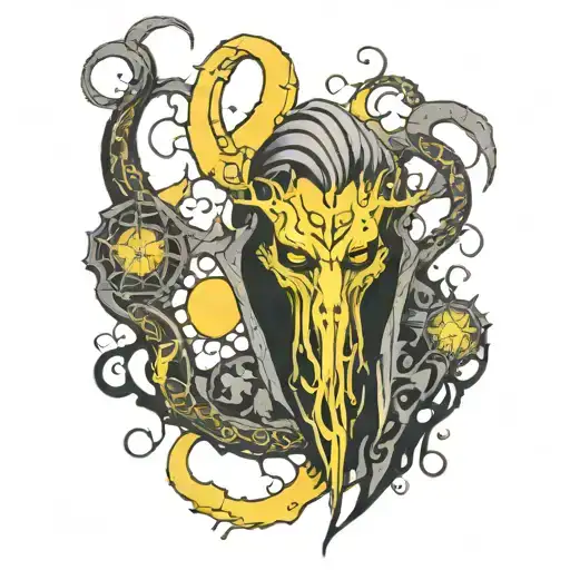 Full sleeve Eldritch style tattoo, (hastur), ((yellow sign))  tattoo design idea