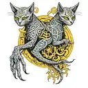 Full sleeve Eldritch style tattoo, (hastur), ((yellow sign)), small cats of shadow, stretching down arm tattoo design idea