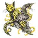 Full sleeve Eldritch style tattoo, (hastur), ((yellow sign)), small cats of shadow, stretching down arm tattoo design idea