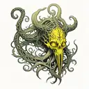 Full sleeve Eldritch style tattoo, (hastur), ((yellow sign))  tattoo design idea