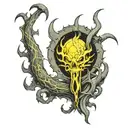 Full sleeve Eldritch style tattoo, (hastur), ((yellow sign))  tattoo design idea