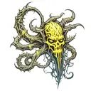 Full sleeve Eldritch style tattoo, (hastur), ((yellow sign))  tattoo design idea