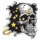 Skull with Stars and smoke in the background with stipple shading tattoo design idea