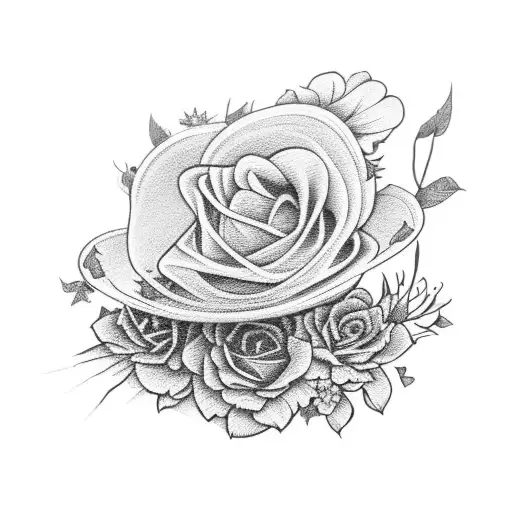A silhouette of a cowboy hat adorned with vibrant flowers, representing the fusion of country music and plants tattoo design idea