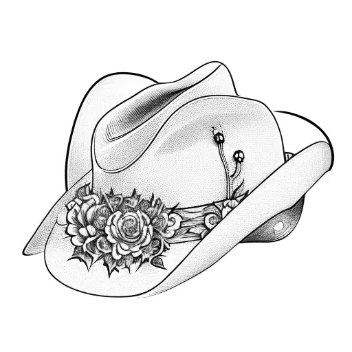 A silhouette of a cowboy hat adorned with vibrant flowers, representing the fusion of country music and plants tattoo design idea