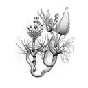 A botanical illustration of various Australian native plants in a dotwork style half-sleeve tattoo design idea