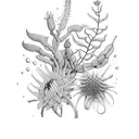 A botanical illustration of various Australian native plants in a dotwork style half-sleeve tattoo design idea