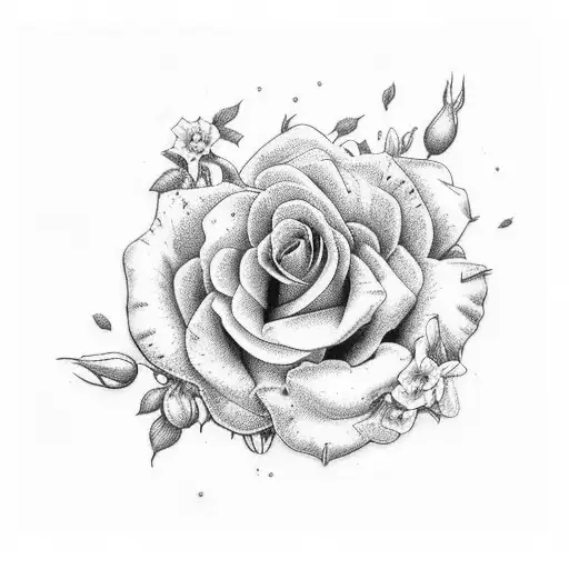 Lavender, crisantemo, petunias, rosas, hojas, mariposa tattoo design idea