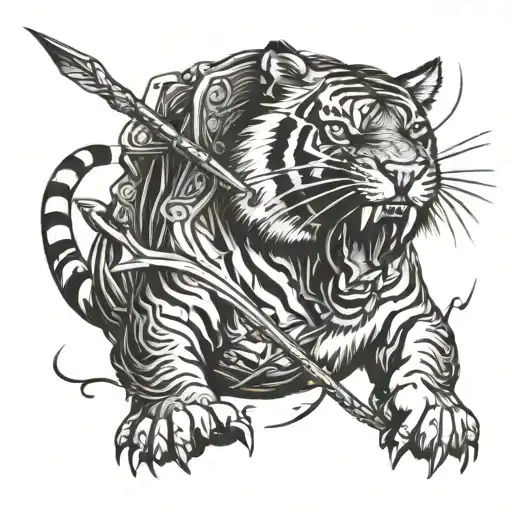 A tiger roaring while surrounded by hunting equipment like a bow and arrow tattoo design idea