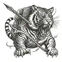 A tiger roaring while surrounded by hunting equipment like a bow and arrow tattoo design idea
