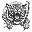 A tiger roaring while surrounded by hunting equipment like a bow and arrow tattoo design idea