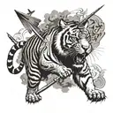 A tiger roaring while surrounded by hunting equipment like a bow and arrow tattoo design idea