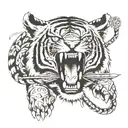 A tiger roaring while surrounded by hunting equipment like a bow and arrow tattoo design idea