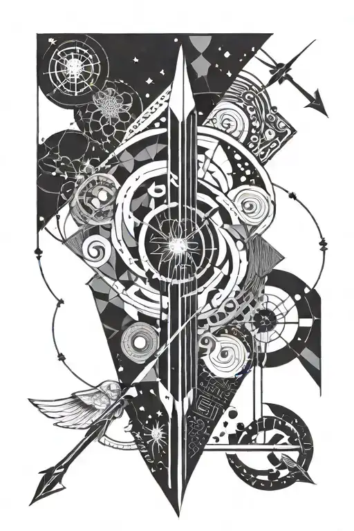 Arrow with zodiac sign Sagittarius and symbols of love and peace and forgivness and a space to put a quotes with circles tattoo design idea