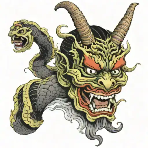 hannya breathing smoke with a snake coiled tattoo design idea