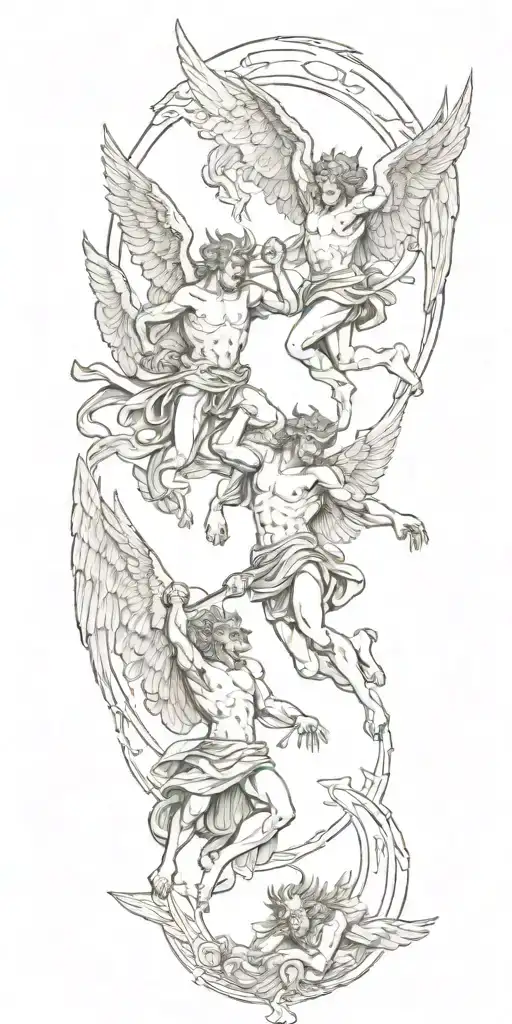heaven and hell theme with angels fighting demons tattoo design idea