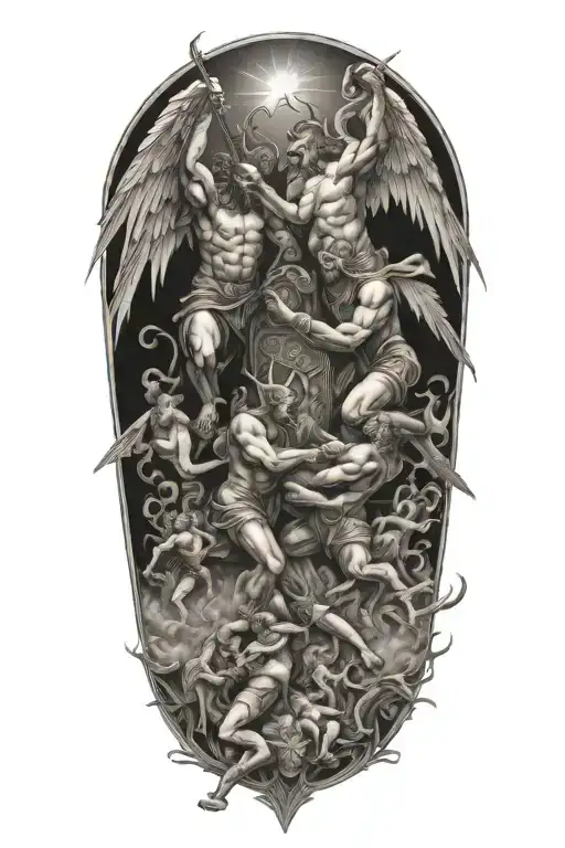 heaven vs hell theme with angels and demons fighting tattoo design idea