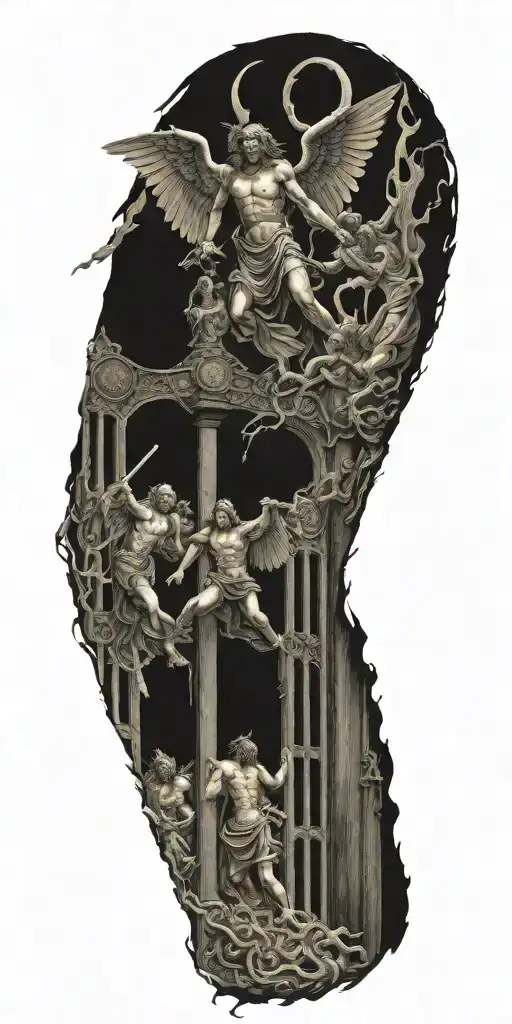 angels going through gates of heaven while fighting demons trapped in hell tattoo design idea