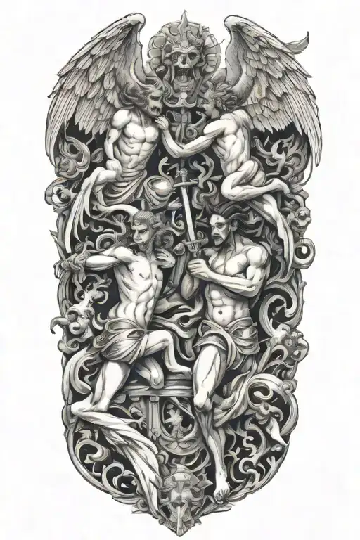 heaven vs hell theme with angels and demons fighting tattoo design idea