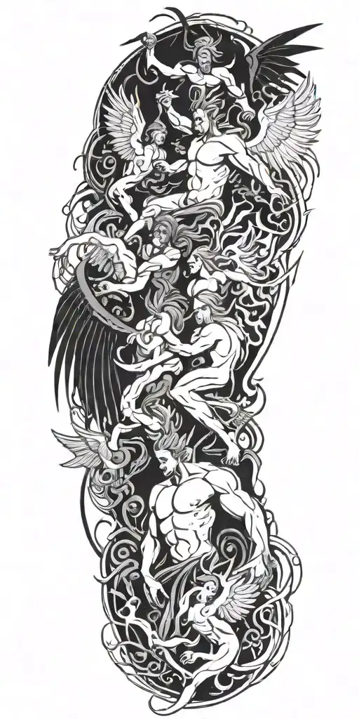 heaven vs hell theme with angels and demons fighting tattoo design idea