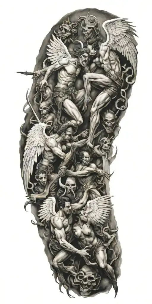 heaven vs hell theme with angels and demons fighting tattoo design idea