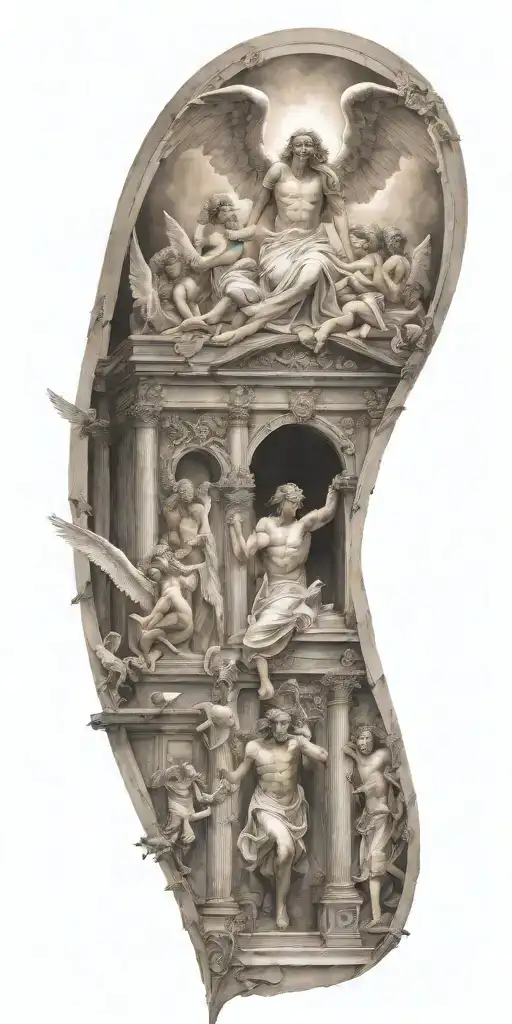 angels going through gates of heaven while fighting demons trapped in hell tattoo design idea