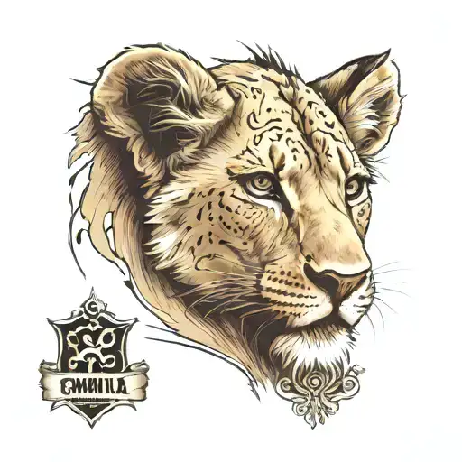lion cub face with name written on the side "Camila" tattoo design idea