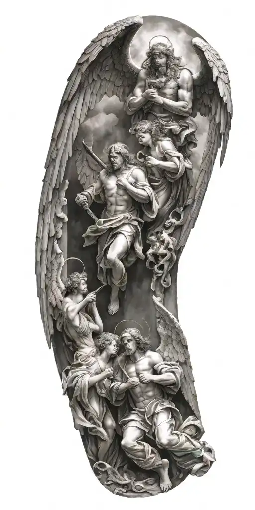 Two angels going through gates of heaven while fighting demons trapped in hell tattoo design idea