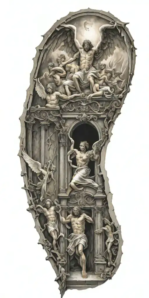 angels going through gates of heaven while fighting demons trapped in hell tattoo design idea
