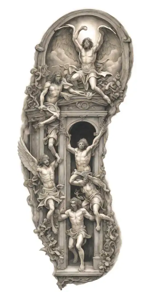 Two angels going through gates of heaven while fighting demons trapped in hell tattoo design idea
