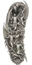 angels going through gates of heaven while fighting demons trapped in hell tattoo design idea
