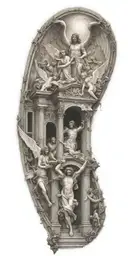 angels going through gates of heaven while fighting demons trapped in hell tattoo design idea