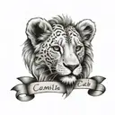 lion cub face with name written on the side "Camila" tattoo design idea
